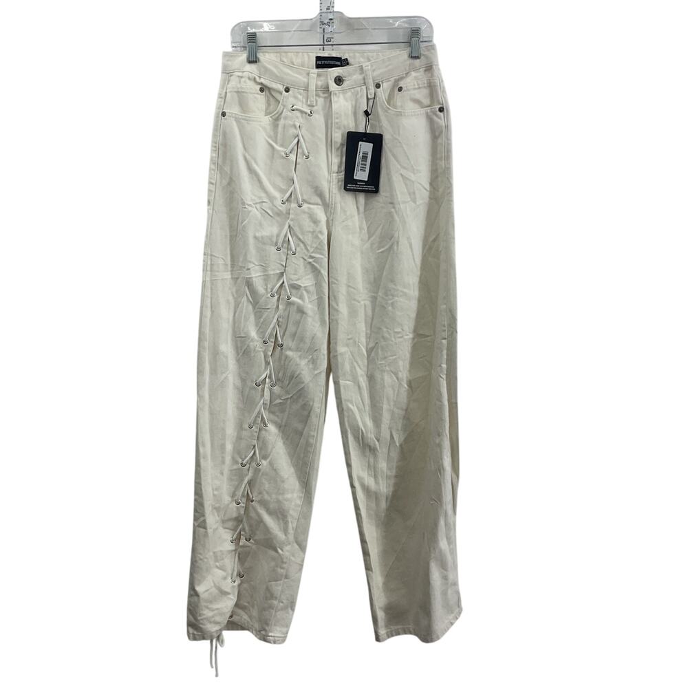 PrettyLittleThing Cream Lace-Up Jeans